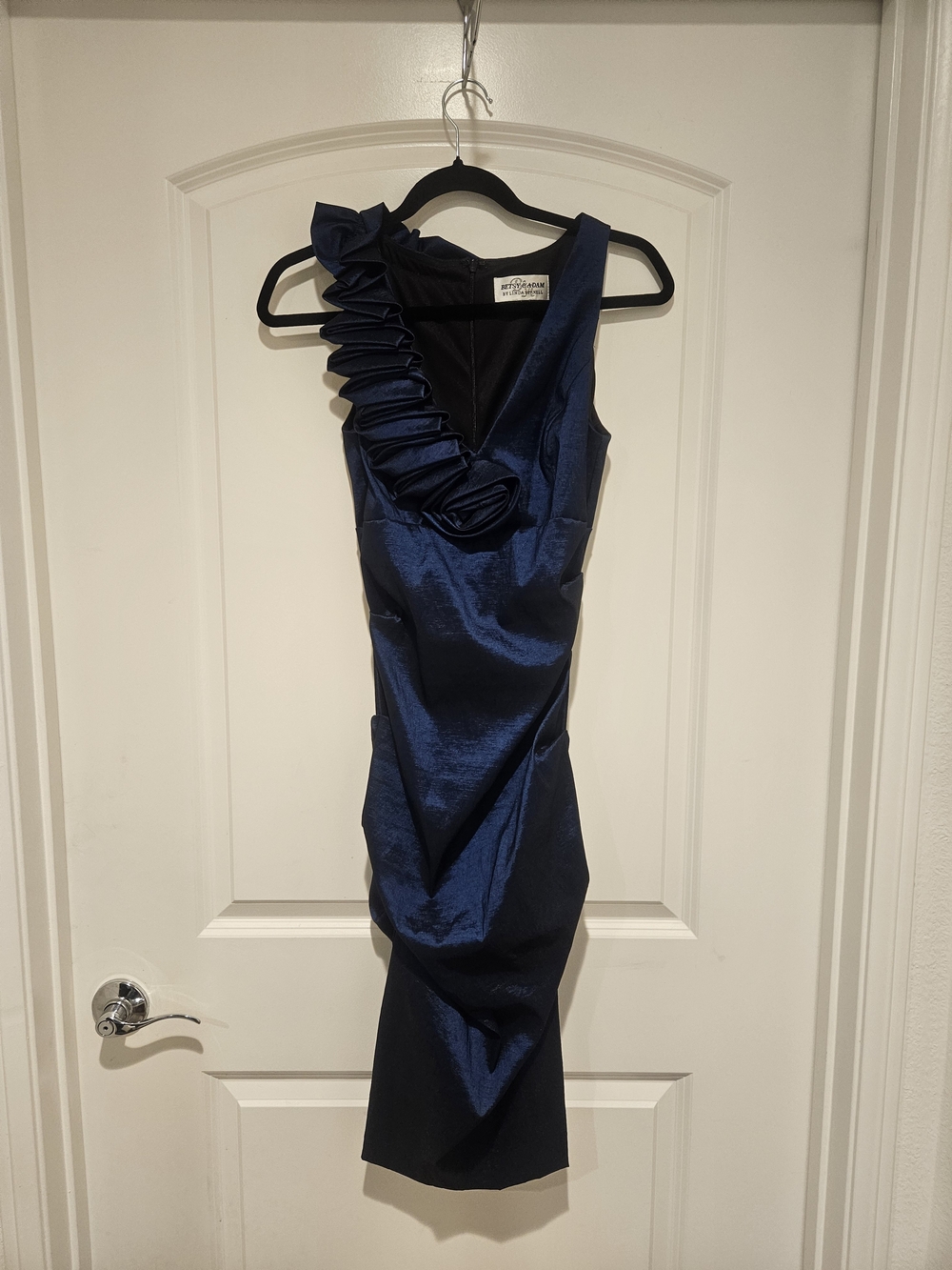 One-Shoulder Midnight Blue Satin Midi Dress with Ruffle Detail